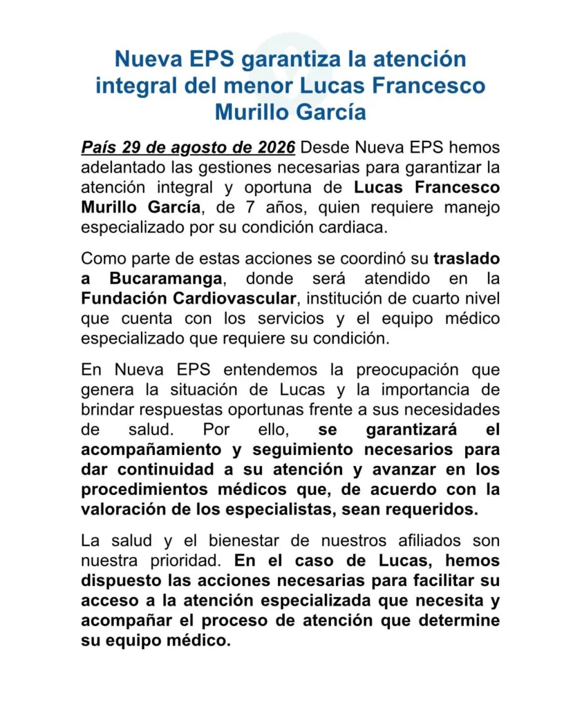 Comunicado de Nueva EPS sobre el traslado de Lucas a Bucaramanga