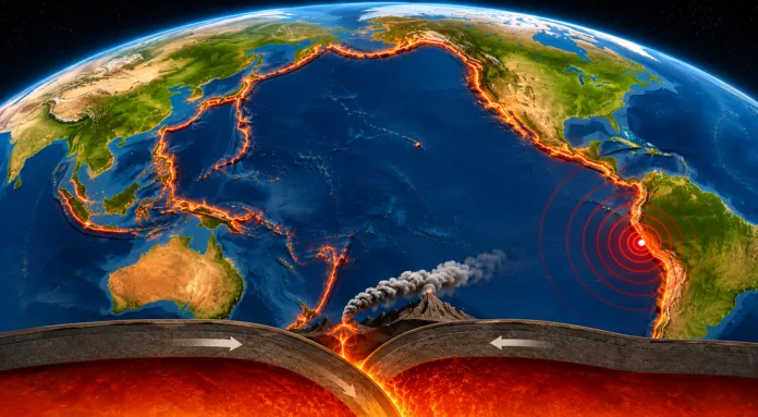 Ilustración del Cinturón de Fuego del Pacífico con actividad sísmica y subducción de placas tectónicas