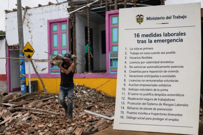 Página informativa de MinTrabajo con 16 medidas laborales tras el terremoto y vivienda afectada por la emergencia