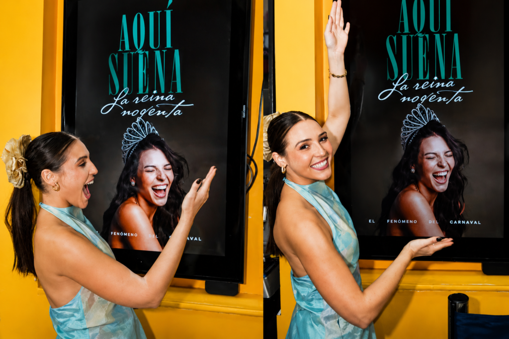 Michelle Char posa junto al afiche oficial del documental Aquí suena, que narra los momentos más emotivos de su reinado en el Carnaval de Barranquilla.