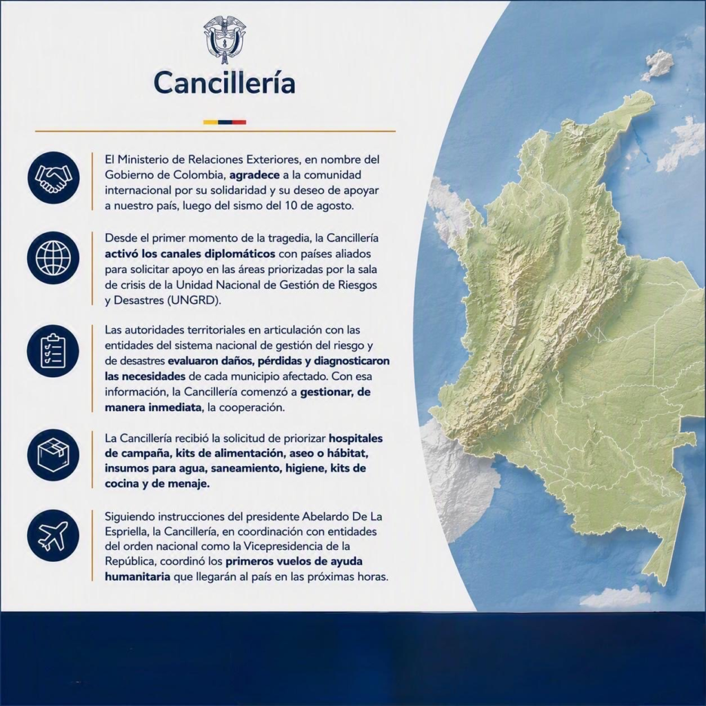 Ayuda internacional a Colombia coordinada por la Cancillería tras el terremoto