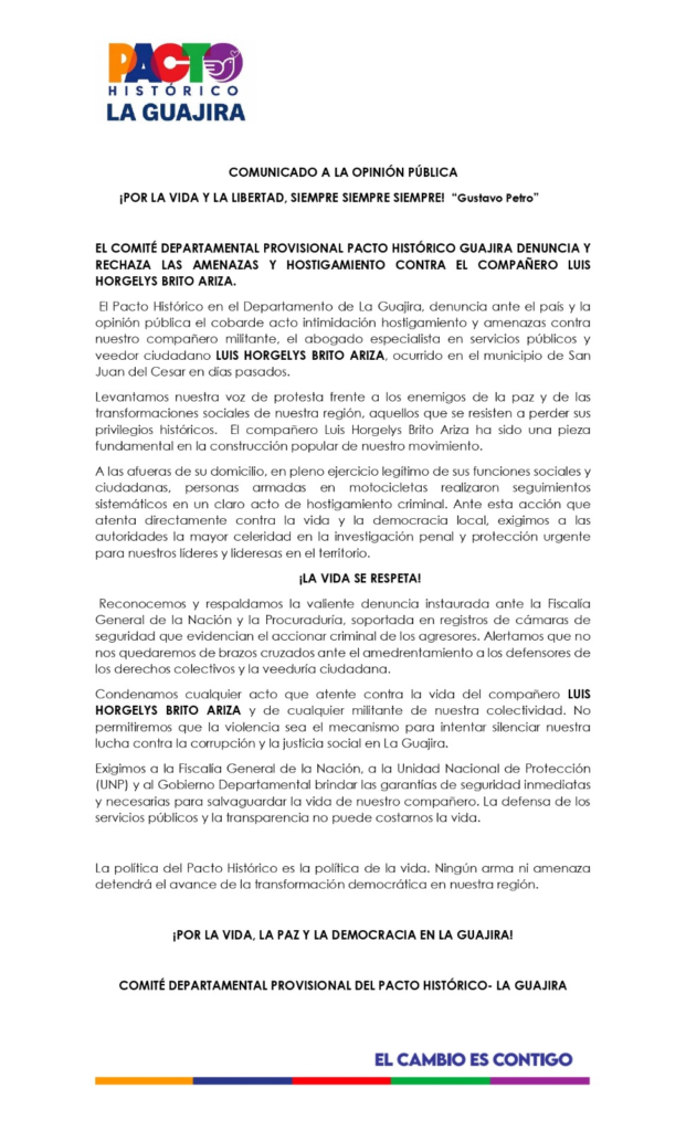 Comunicado del Pacto Histórico de La Guajira que rechaza las amenazas contra el veedor Luis Horgelys Brito Ariza.