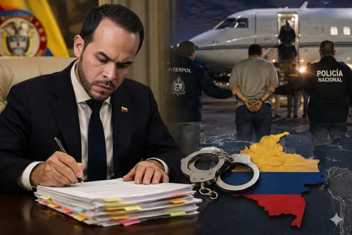 Abelardo de la Espriella firmando documentos junto a un mapa de Colombia, esposas y un avión de extradición de la Policía Nacional e Interpol.