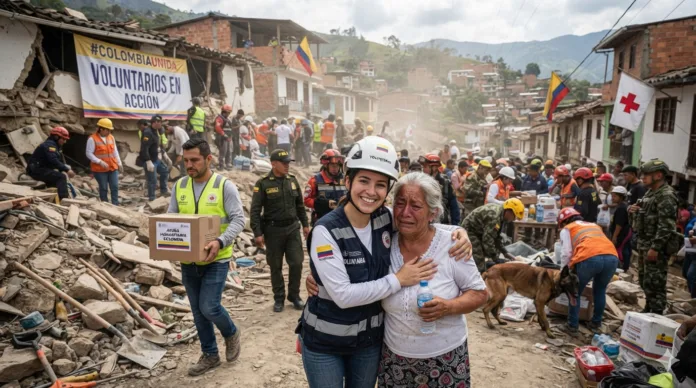 Una joven voluntaria con chaleco y casco sonríe mientras consuela a una mujer afectada en medio de escombros por un terremoto en Colombia.