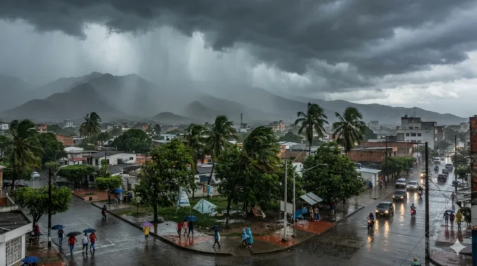 Tormenta y lluvias intensas en Valledupar con la Sierra Nevada al fondo debido a una onda tropical en el Cesar.