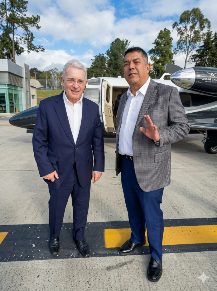 Álvaro Uribe llega al aeropuerto de Cali para asistir a la posesión presidencial de Abelardo de la Espriella.