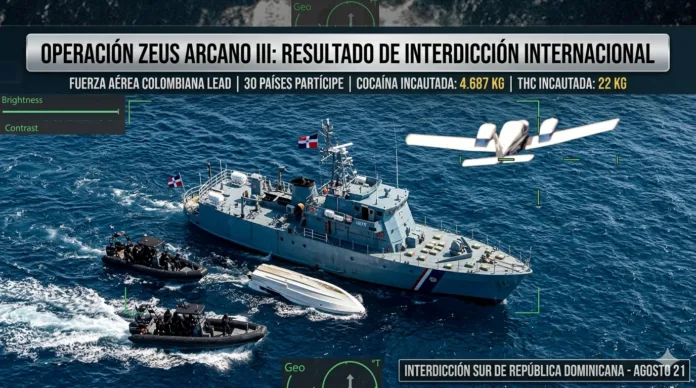 Infografía de la Operación Zeus Arcano III que muestra la interdicción de una lancha rápida por barcos oficiales y una aeronave en el mar de República Dominicana junto al balance de cocaína incautada.