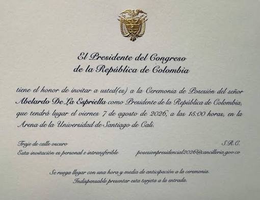 Invitación oficial a la posesión de Abelardo de la Espriella como presidente de Colombia en la Arena USC de Cali.
