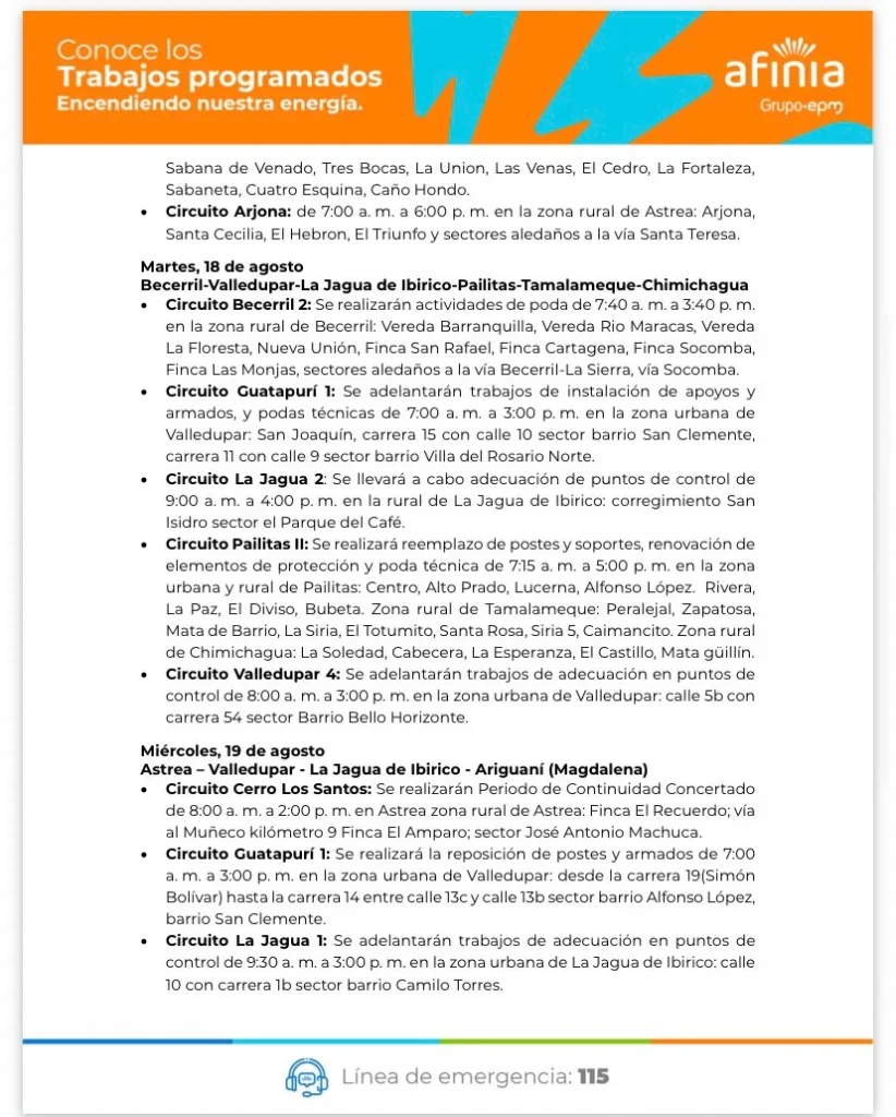 Comunicado de Afinia sobre trabajos programados en Valledupar