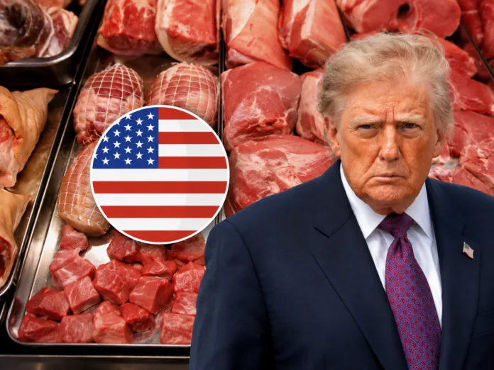 Donald Trump junto a imagen de carne bovina y bandera de Estados Unidos