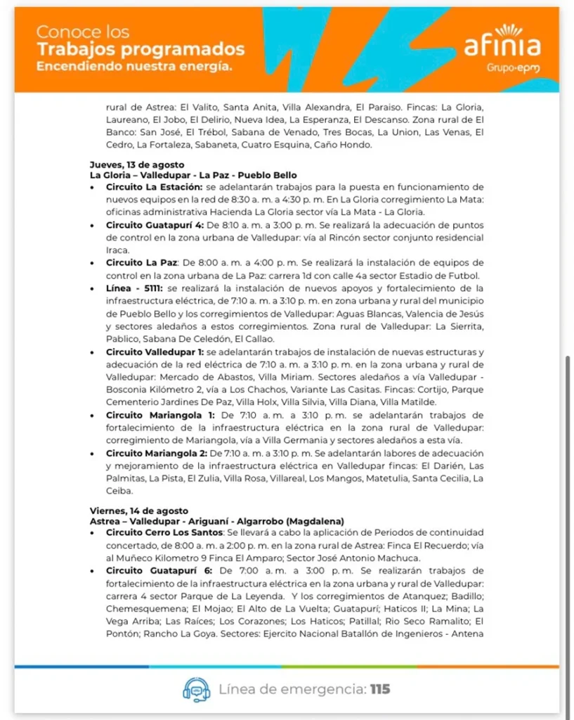 Suspensión de energía programada por Afinia en Valledupar
