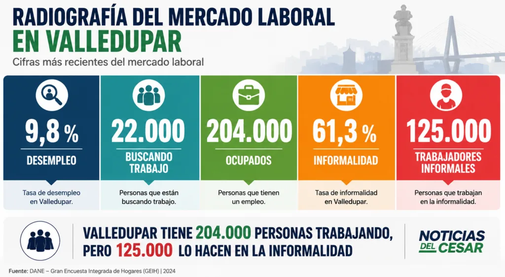Gráfica del mercado laboral de Valledupar con desempleo de 9,8 %, 204.000 ocupados y 61,3 % de informalidad
