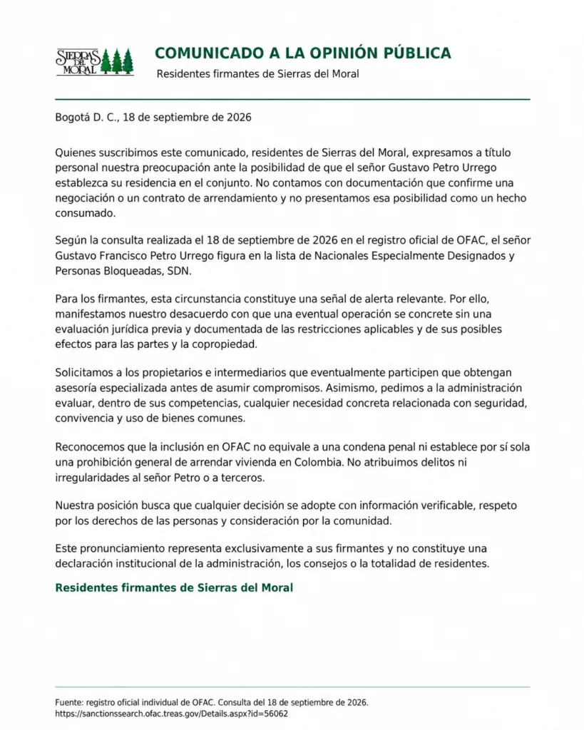 Comunicado de vecinos de Sierras del Moral sobre la posible llegada de Gustavo Petro al conjunto residencial