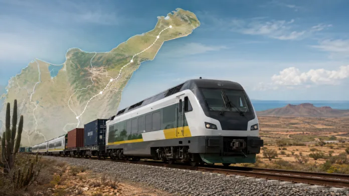 Conexión férrea La Guajira-corredor del Atlántico con tren moderno y mapa del Caribe colombiano