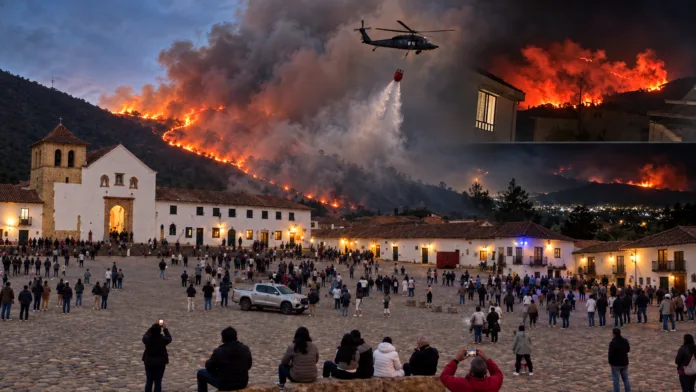 Incendio en Villa de Leyva con helicóptero combatiendo las llamas