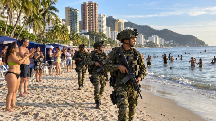 Militares que patrullan El Rodadero mientras turistas permanecen en la playa de Santa Marta