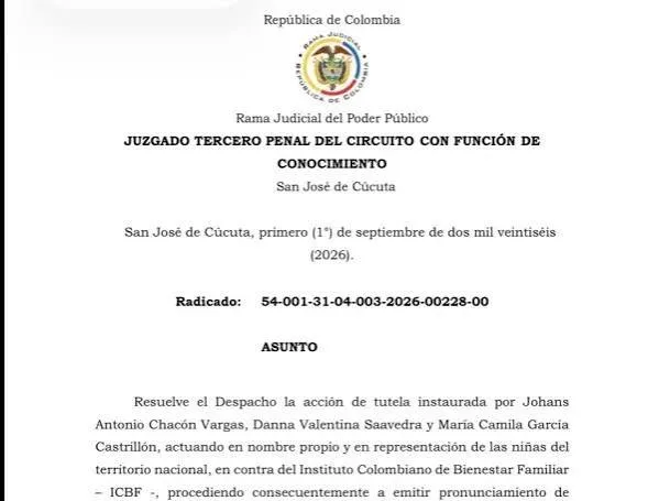 Página del fallo del Juzgado Tercero Penal del Circuito de Cúcuta que declara improcedente una tutela contra el ICBF