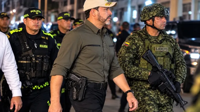 Abelardo De La Espriella porta un arma durante un recorrido en Cali acompañado por miembros de la Policía y el Ejército.