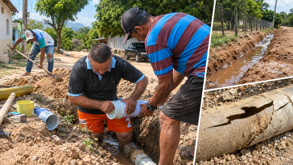Tubería rota en La Junta durante reparación del viejo acueducto