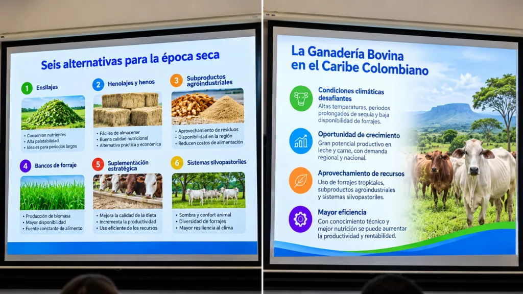 Doble imagen con diapositivas sobre alternativas para la época seca y ganadería bovina en el Caribe colombiano
