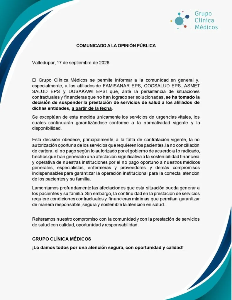 Comunicado de Grupo Clínica Médicos sobre suspensión de servicios a afiliados de cuatro EPS