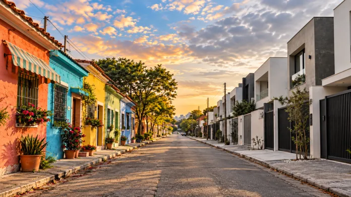 Calle residencial con casas tradicionales de colores y viviendas modernas