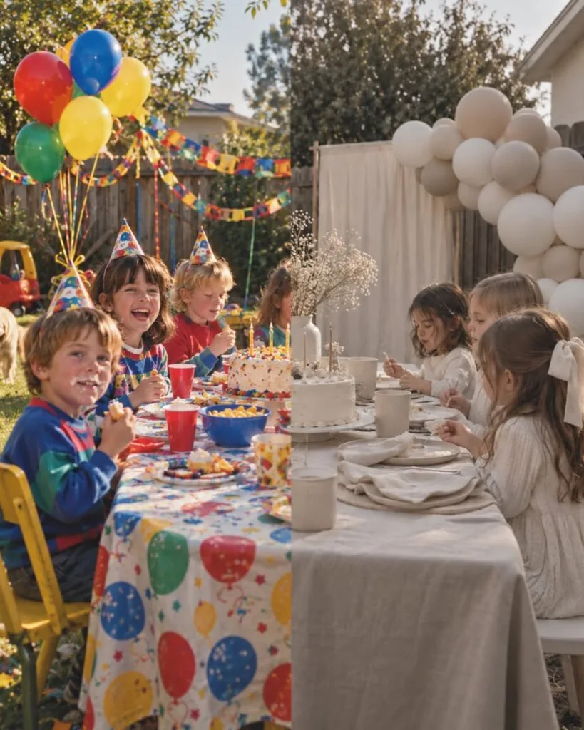 Fiesta infantil colorida junto a una celebración moderna en tonos neutros