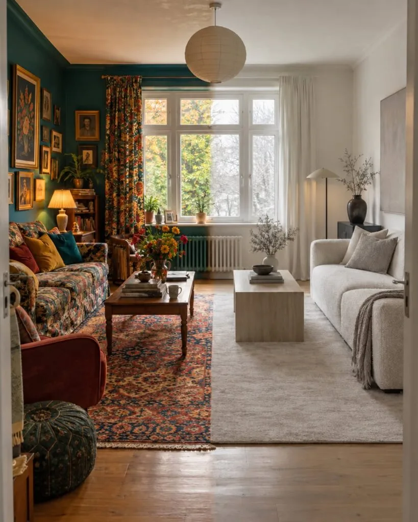 Sala colorida junto a una sala moderna en tonos blancos y neutros