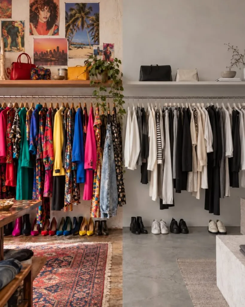 Ropa de colores vivos junto a prendas modernas en tonos blancos, negros y neutros