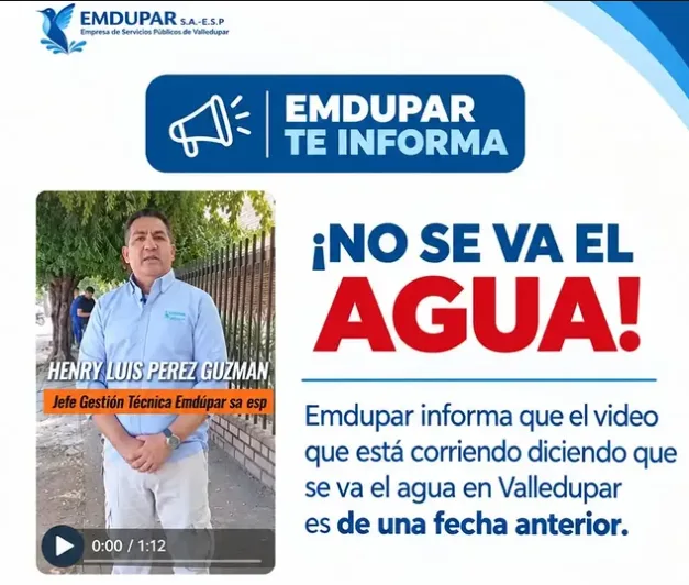 Emdupar aclara que no hay corte general de agua programado en Valledupar