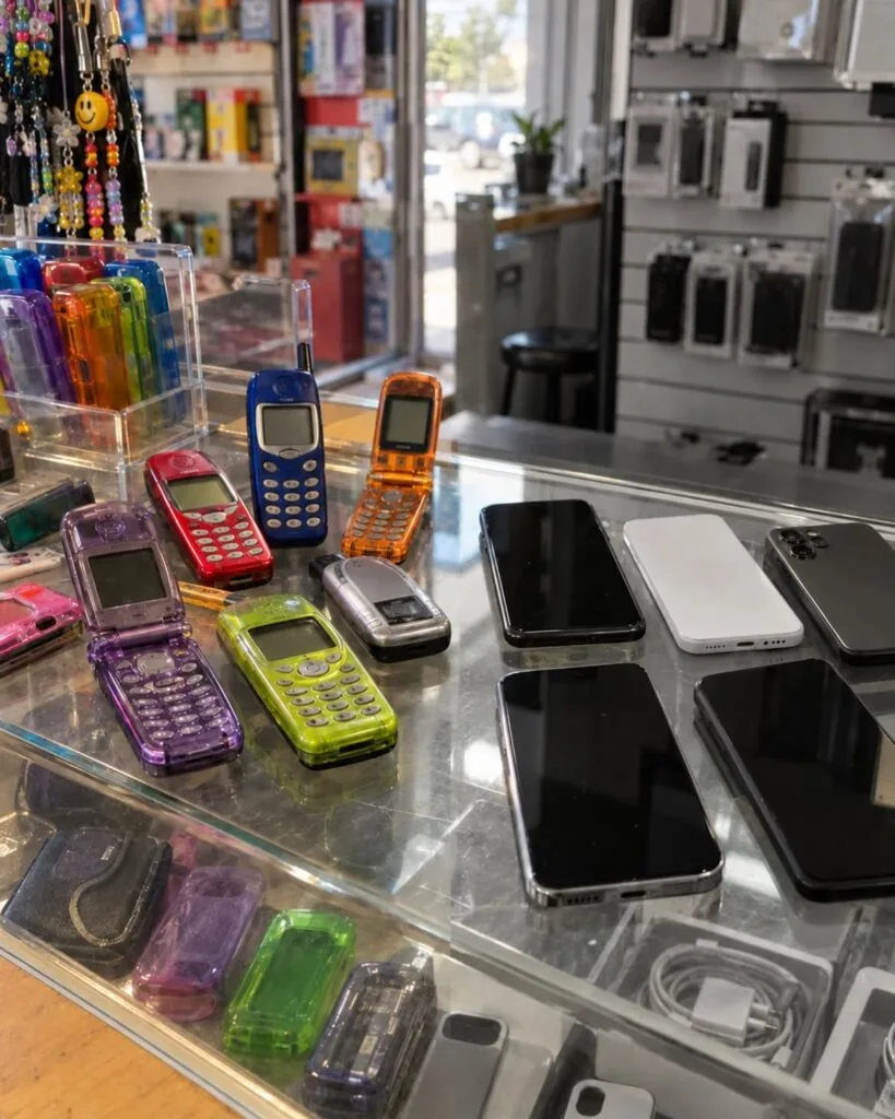 Celulares antiguos de colores junto a smartphones modernos en tonos neutros