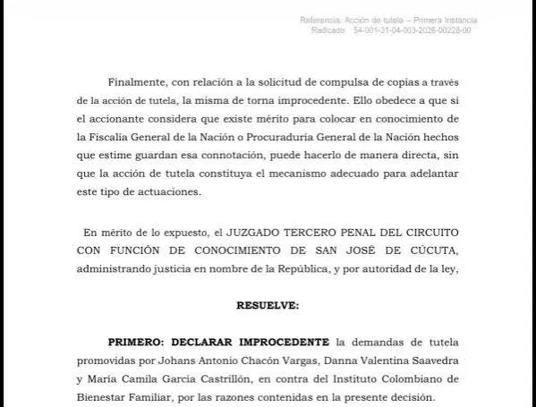 Primera página de providencia del Juzgado Tercero Penal del Circuito de Cúcuta sobre una tutela contra el ICBF