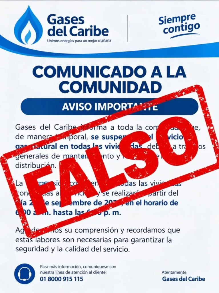 Falso comunicado sobre una supuesta suspensión del gas natural de Gases del Caribe.