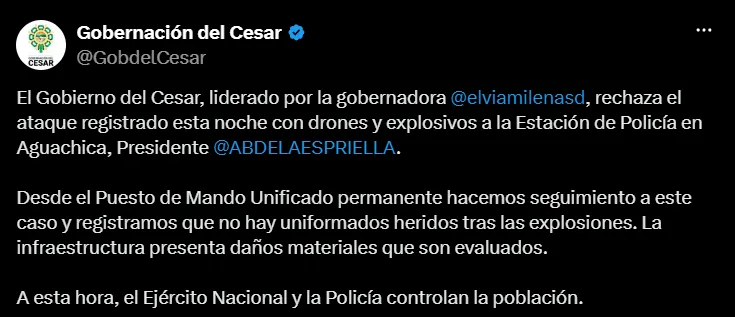 Gobernación del Cesar rechaza ataque con drones en Aguachica.