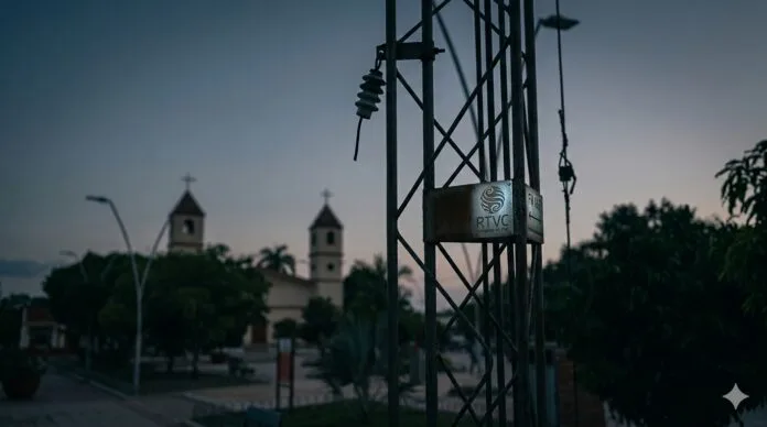 Antena de transmisión de radio en primer plano con el parque principal y las torres de la iglesia de Agustín Codazzi, Cesar, al fondo en un atardecer nublado, representando el cese de operaciones de la Emisora de Paz