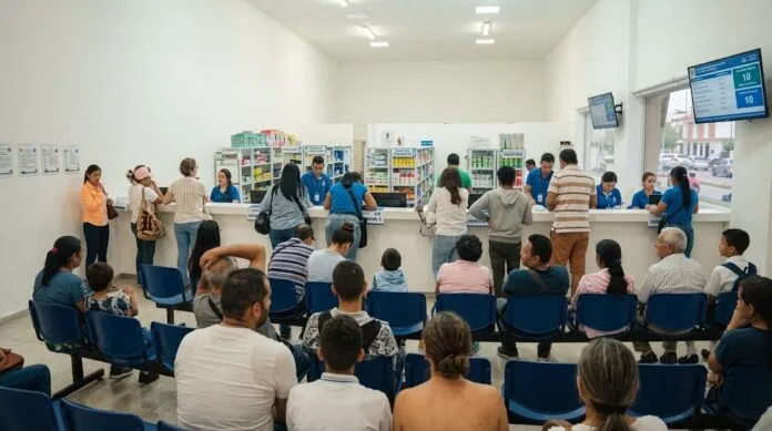 Usuarios esperan atención y entrega de medicamentos en una farmacia