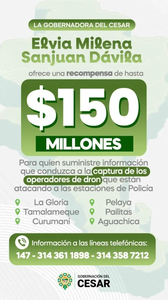 Gobernación del Cesar ofrece $150 millones por información sobre operadores de drones.