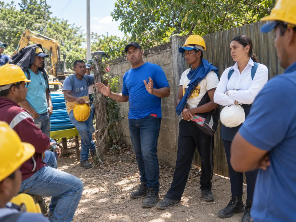 Trabajadores del acueducto de La Junta conversan con una ingeniera y miembros de la JAC durante una reunión por pagos atrasados
