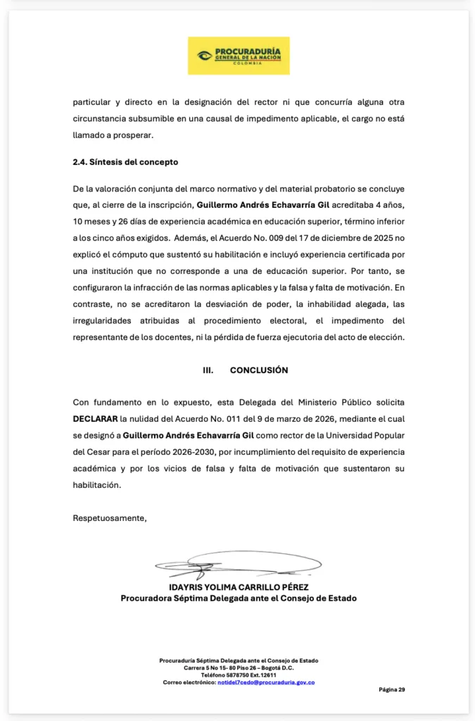 Concepto de la Procuraduría dentro del proceso que busca anular la elección de Guillermo Echavarría como rector de la UPC.