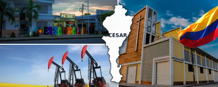 Composición editorial con fotografías de San Martín, maquinaria de extracción de petróleo y el mapa del departamento del Cesar.