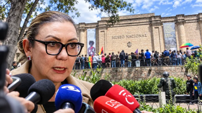 Carolina Restrepo, directora del ICBF, durante declaraciones relacionadas con las protestas frente al Museo Nacional en Bogotá.