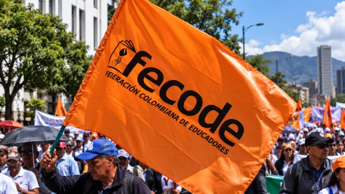 Bandera de Fecode durante movilización nacional de docentes en Colombia