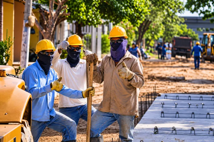Trabajadores de construcción durante su jornada laboral en Colombia, donde rige la reducción a 42 horas semanales.