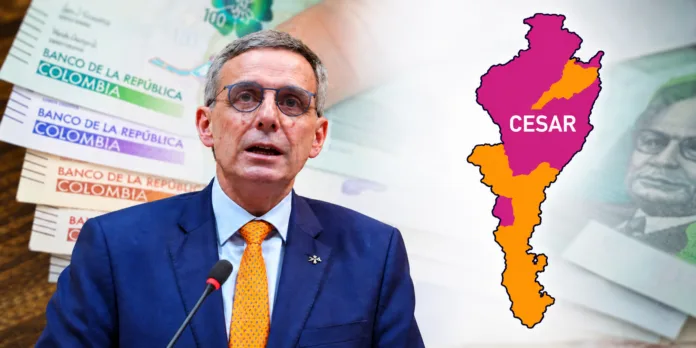 Inversión regionalizada del Cesar para 2027, mapa del departamento, billetes colombianos y representante del Gobierno nacional.