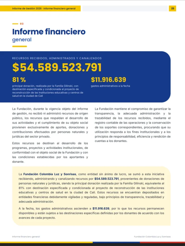 Imagen de la primera dama acompañada del informe financiero de la Fundación Colombia Luz y Sonrisas, que reporta $54.589.523.791 en recursos recibidos y $11.916.639 en gastos administrativos.