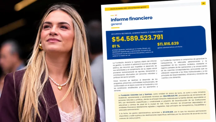 Primera dama junto al informe financiero que reporta $54.589 millones en donaciones para atender la emergencia por el terremoto.