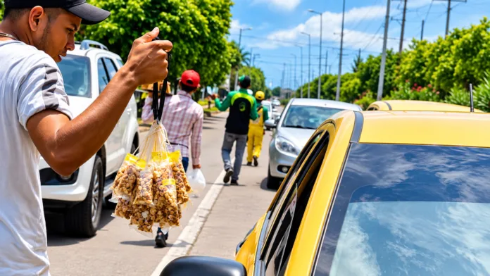 Vendedor informal ofrece productos junto a vehículos en una vía de Valledupar