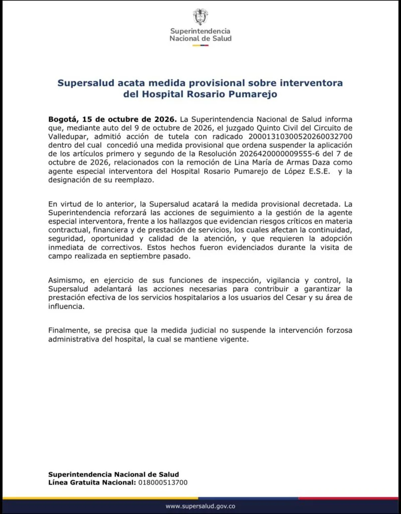 Comunicado de Supersalud sobre medida provisional que suspende la remoción de Lina de Armas del Hospital Rosario Pumarejo.