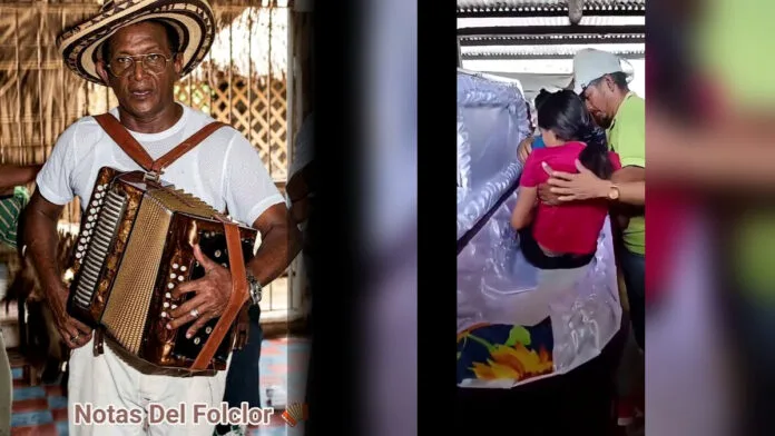 Abel Antonio Villa con su acordeón junto a una imagen del velorio de una adolescente en Guatemala que despertó dentro de su ataúd.