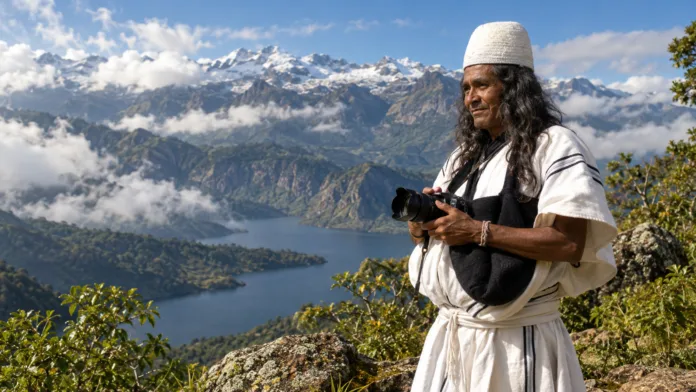 Amado Villafaña Chaparro, fotógrafo arhuaco, ante un paisaje de la Sierra Nevada de Santa Marta.